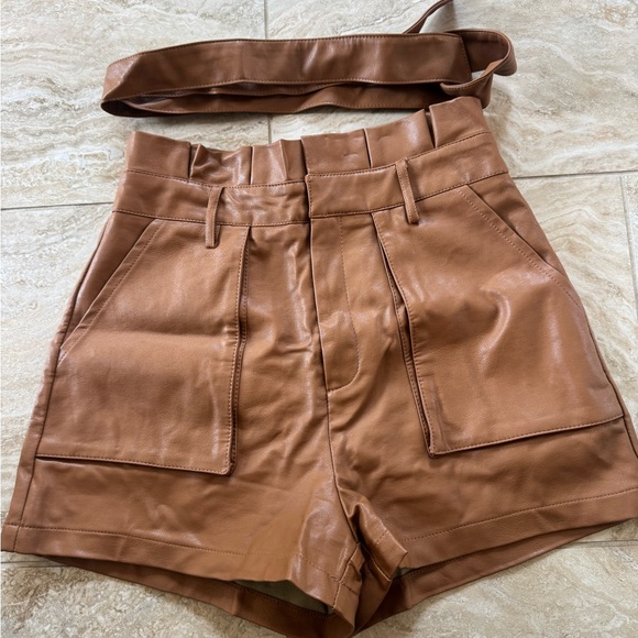 Le Lis High Waist Brown Faux Leather Shorts - Picture 1 of 3